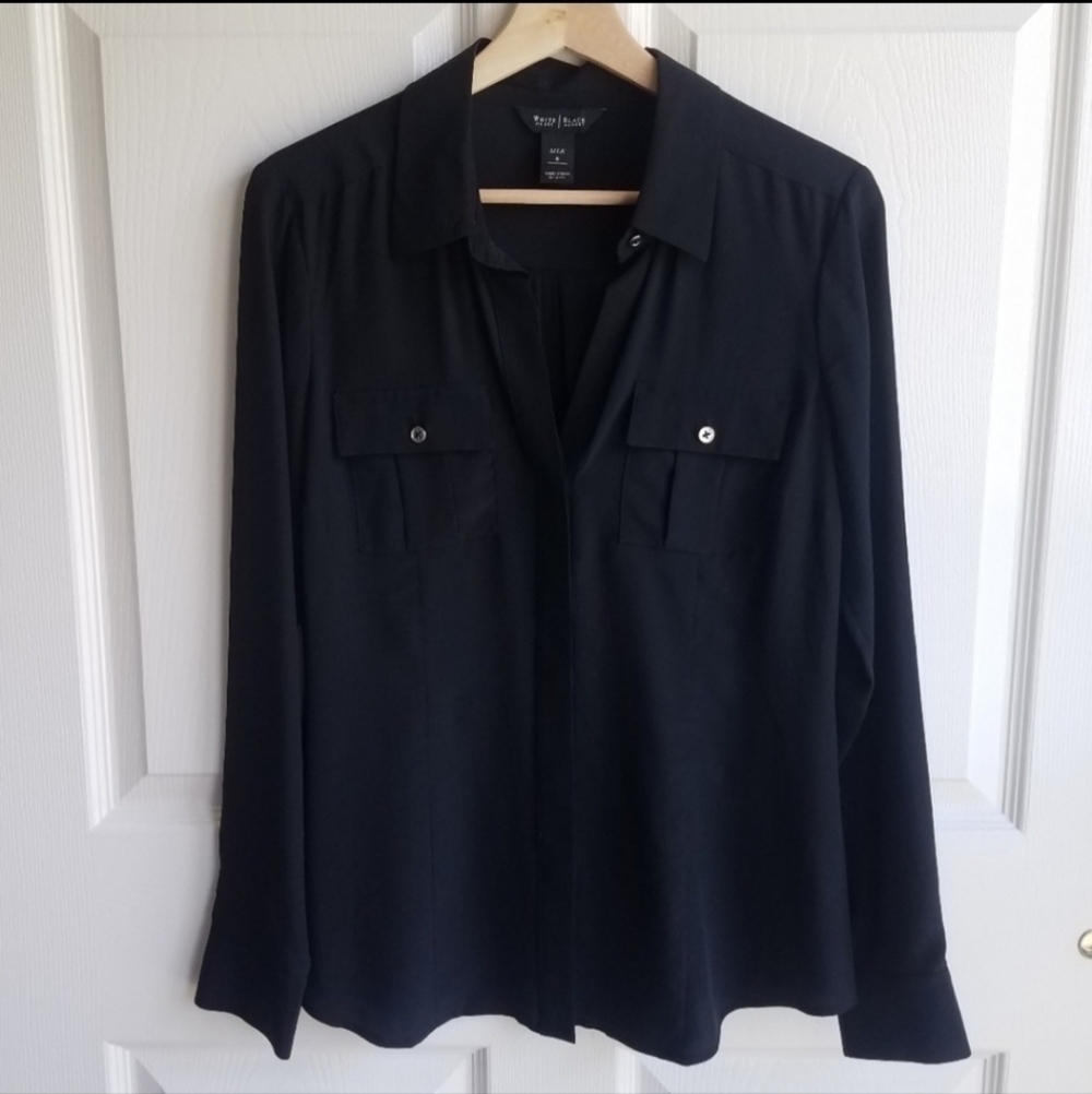 White House Black Market Silk Blouse Top Size 2 Collared Button Shirt Pockets